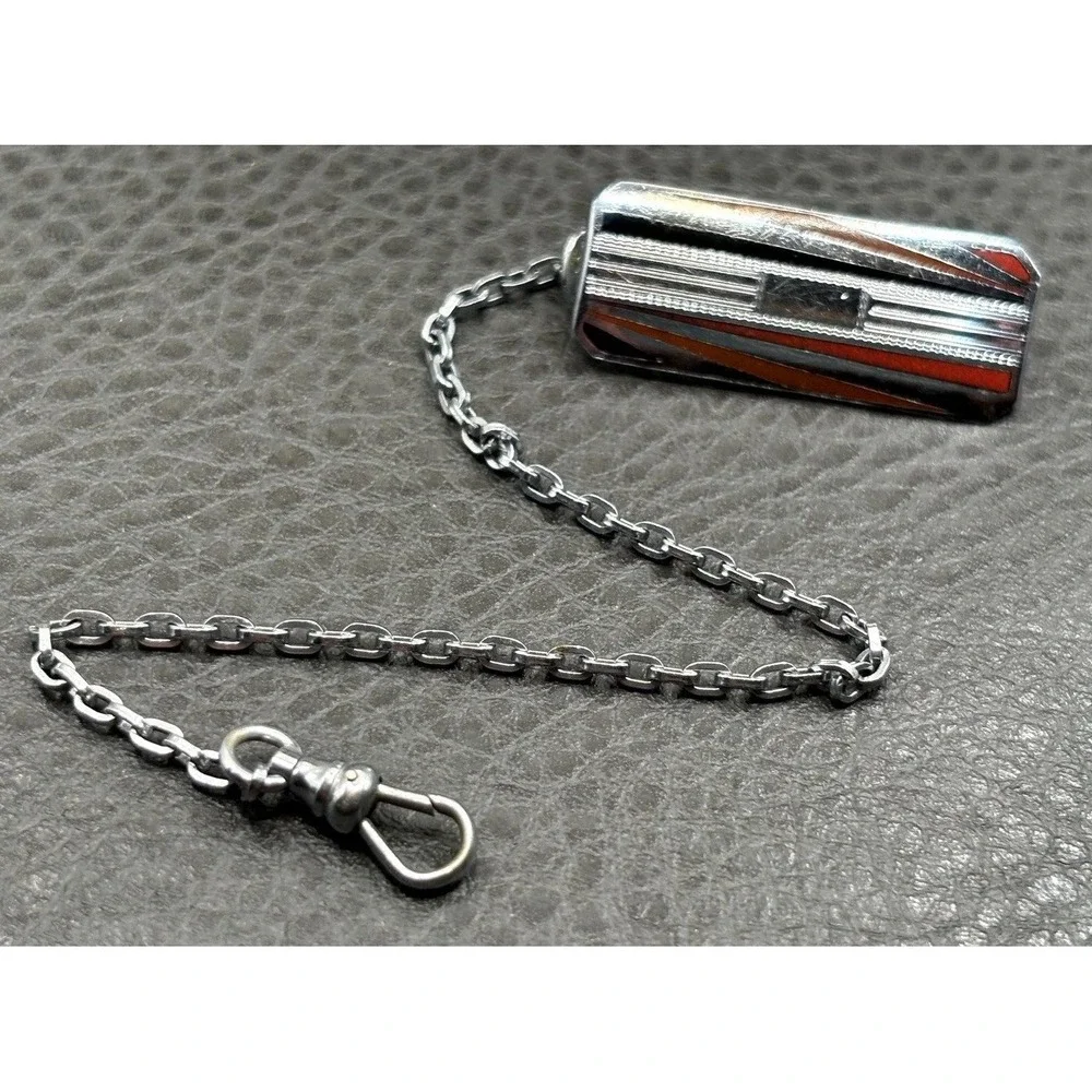 Vintage Art Deco Red Black Enamel Belt Watch Chain Dog Clip Silver Tone